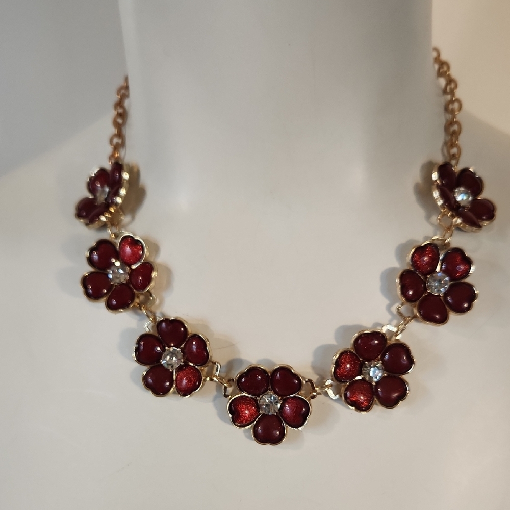 Etc! Goldtone Floral Red Plastic & Rhinestone Necklace with Extension